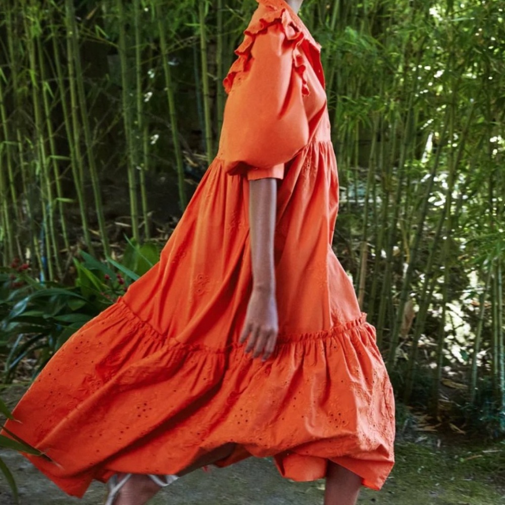Zara Openwork Embroidered Dress Orange L